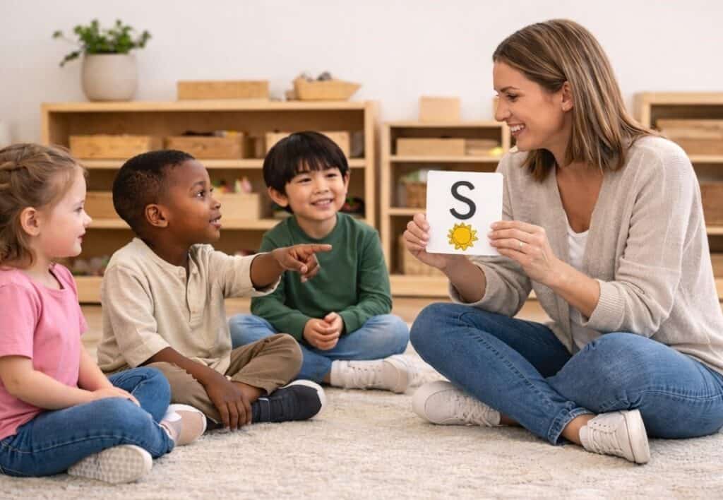 Preschool teacher leading small group circle time for kindergarten readiness